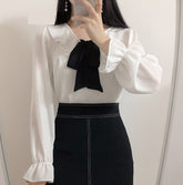 Long Sleeve Cute Bow Ruffle Blouse Shirt